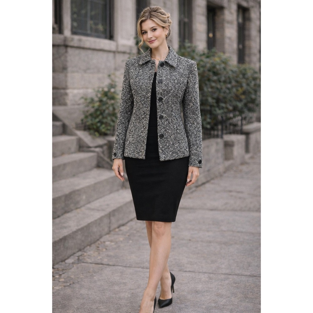 Ann‎ Taylor Textured Tweed Black & White Button Front Jacket wool blend size 4
